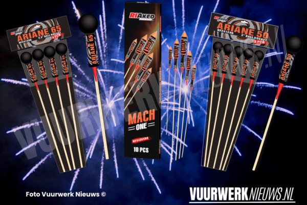 Nieuwste Riakeo vuurpijlen pakketten te koop in België Ariane 50 Mach one Ariane 65 rockets rocket knalgoed pyroshop vuurkwerk winkel Hoogstraten meer baarle hertog baarle nassau HF24150R HF24149R HF24204RS